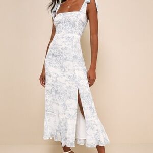 Lulus Summer Invite White And Blue Toile Tie-strap Tiered Midi Dress - Size L